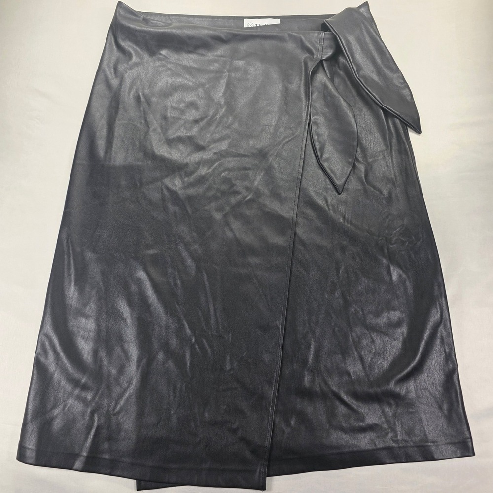 The Drop Black Faux Leather Wrap Midi Skirt with Side Tie XL